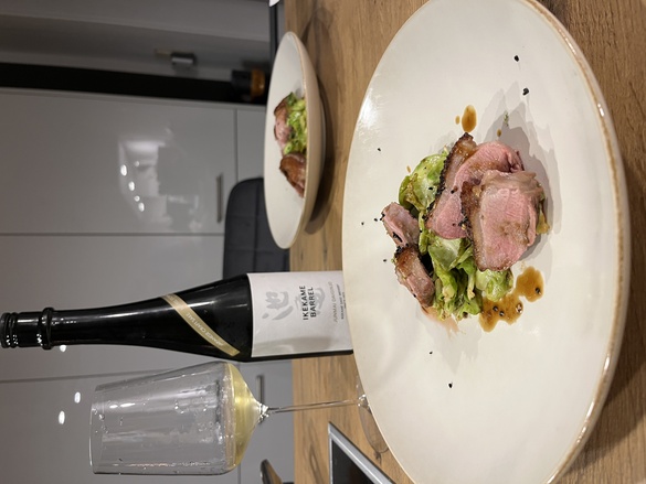 Seared Duck with Brussels Sprouts, Orange Sauce & Sesame – Sake Pairing with Ikekame Barrel